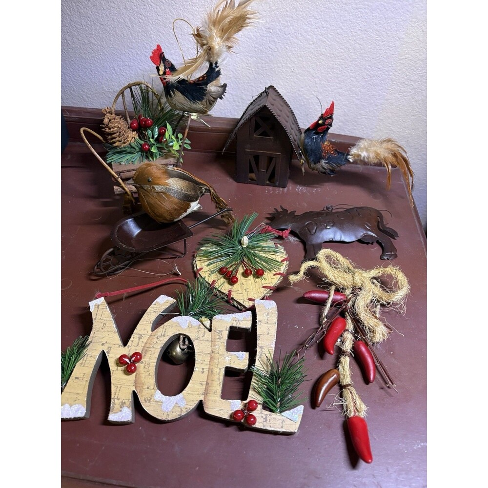 Lot 10 Country Western Wooden/ Tin Birds Barn Rooster Christmas Ornaments D